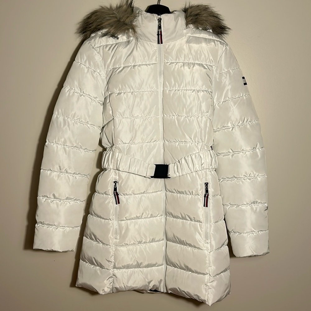 Tommy Hilfiger Ladies Women Belted Puffer Jacket Coat White US Size M